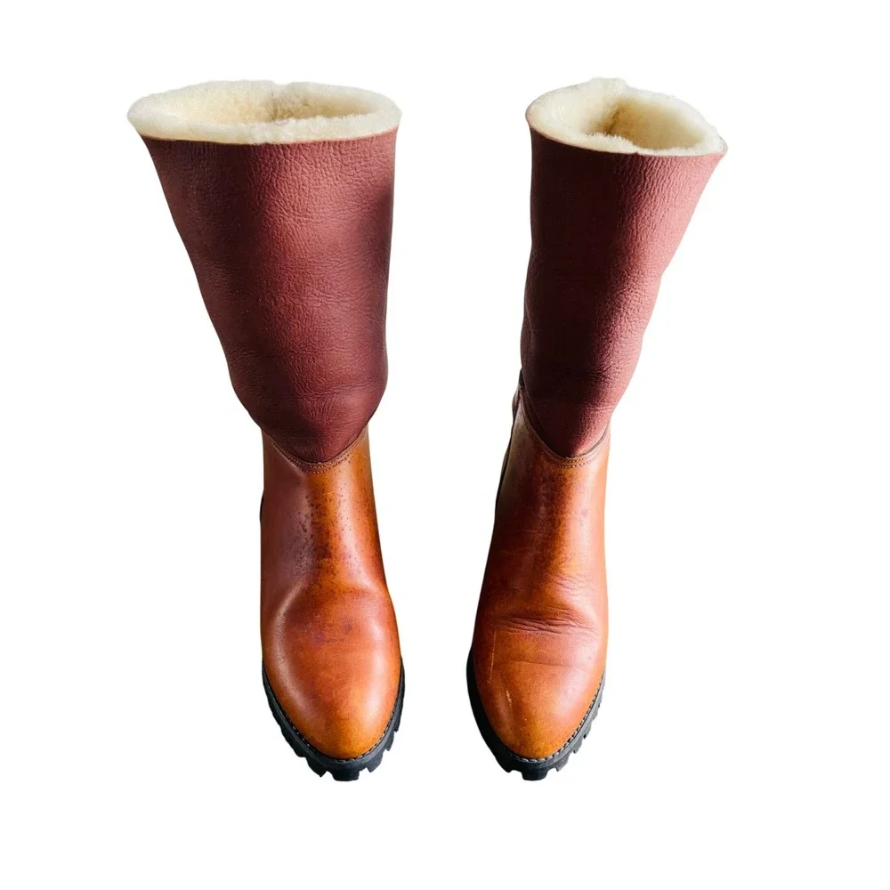 Timberland Vtg 90's Shearling Lined Leather Boots Cognac Made in USA Womens 6.5M
